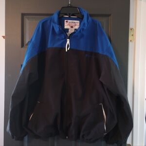 Y2K Champion Windbreaker Lined Jacket Athletic Full Zip Chest Logo Black & Blue